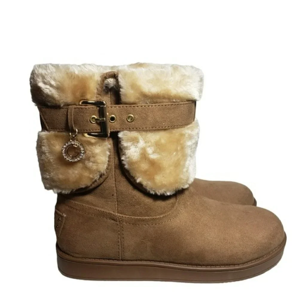 G by Guess Adlea Medium Brown Fabric Boots with Faux Fur Lining Sz 5M